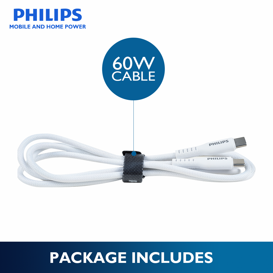 Philips White 60W Braided 1.2M USB Type C to USB C PD Cable