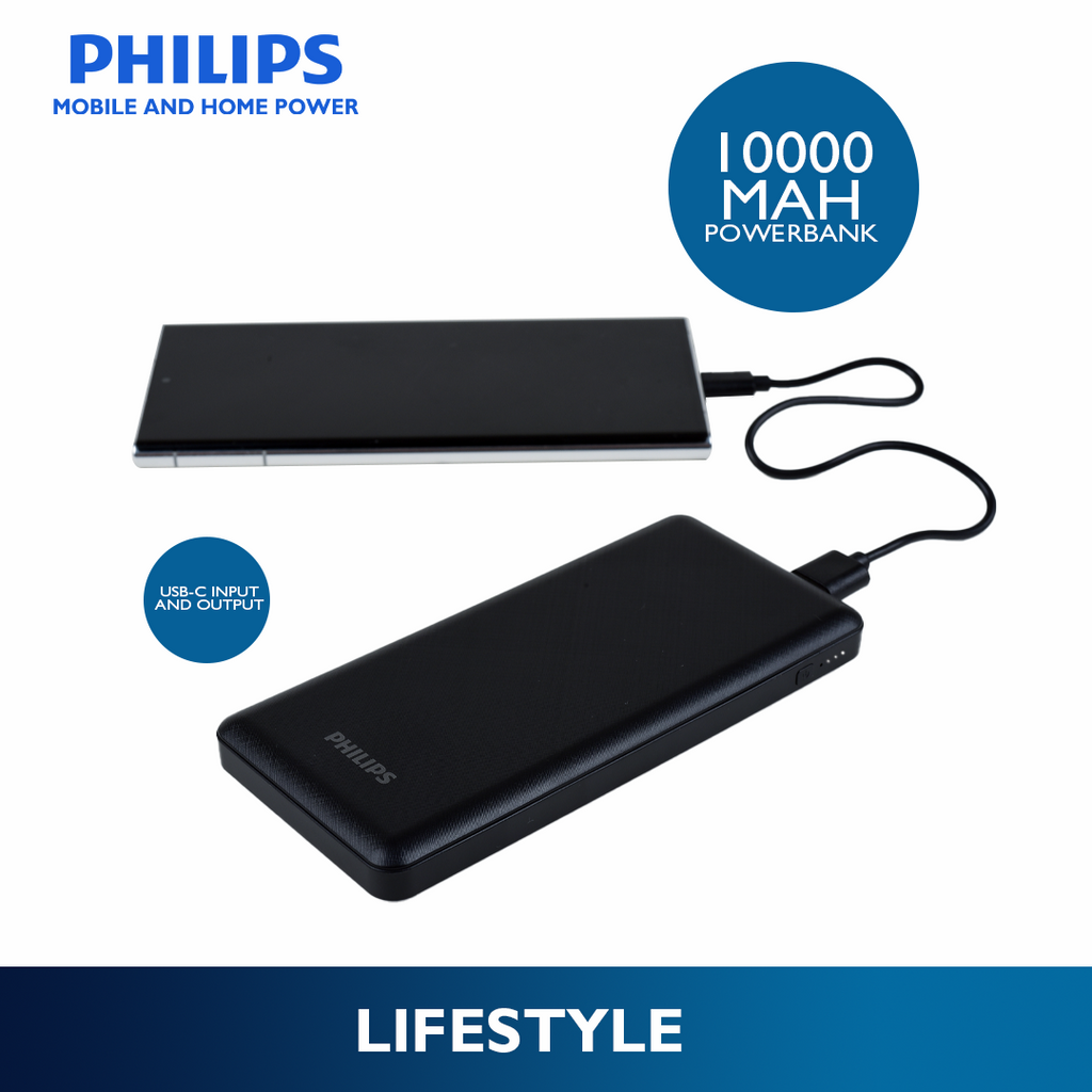 Philips Black 22.5W 10000mAh PD Fast Charger Powerbank USB-C USB-A Outputs
