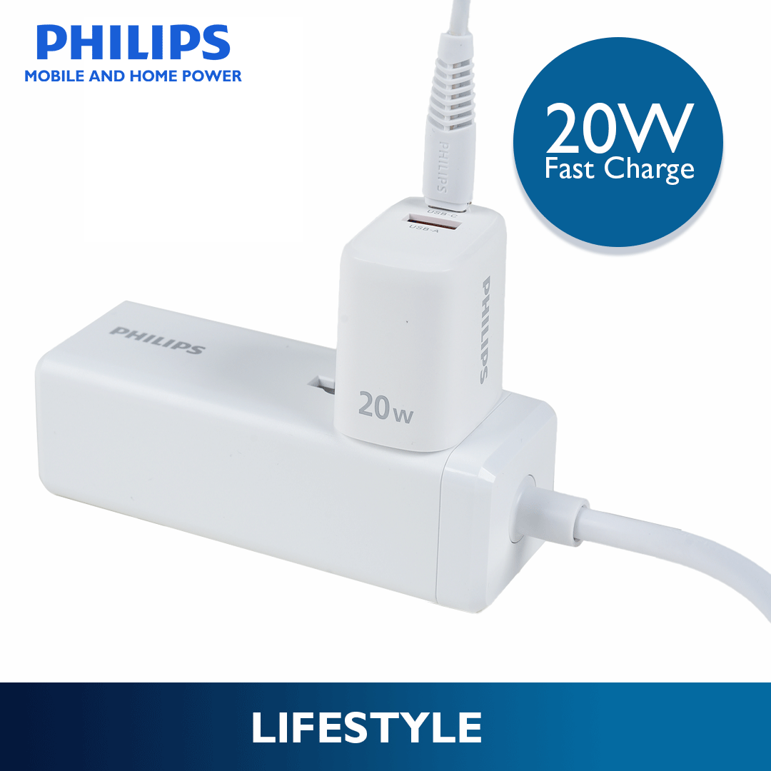 Philips 20Watts Fast Wall Charger with USB-C and USB-A Port Wall Charger with Free Cable