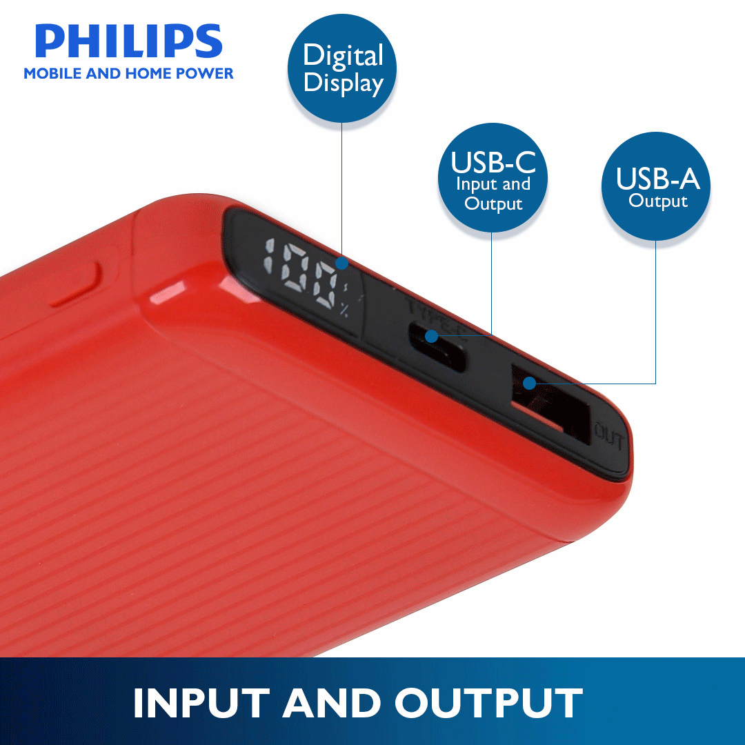 Philips Red 10000mAh 22.5 Watts USB-C Slim Fast Charging Powerbank