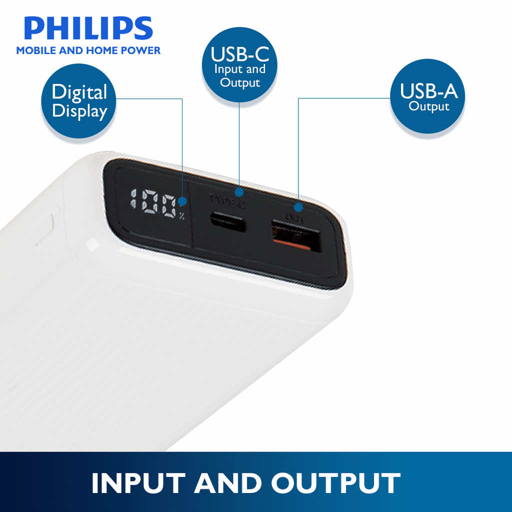 Philips White 22.5W 20000mAh Li-polymer PD Powerbank  with LCD Display