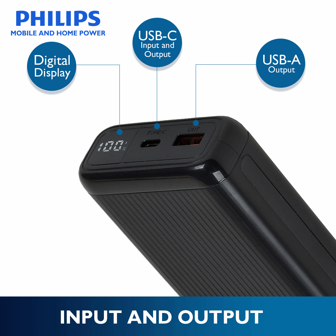 Philips Black 10000mAh 22.5 Watts USB-C Slim Fast Charging Powerbank
