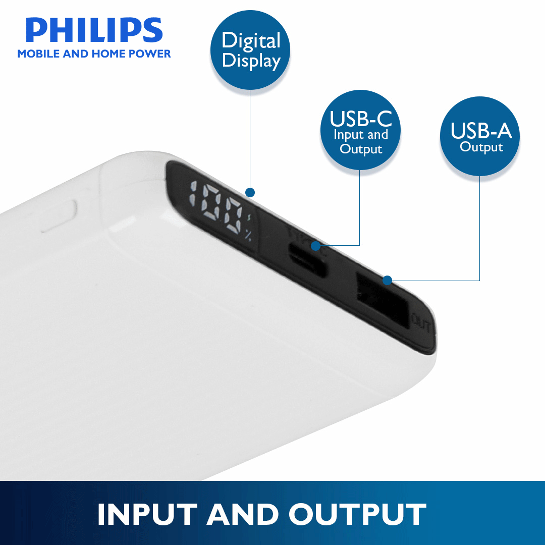 Philips White 10000mAh 22.5 Watts USB-C Slim Fast Charging Powerbank