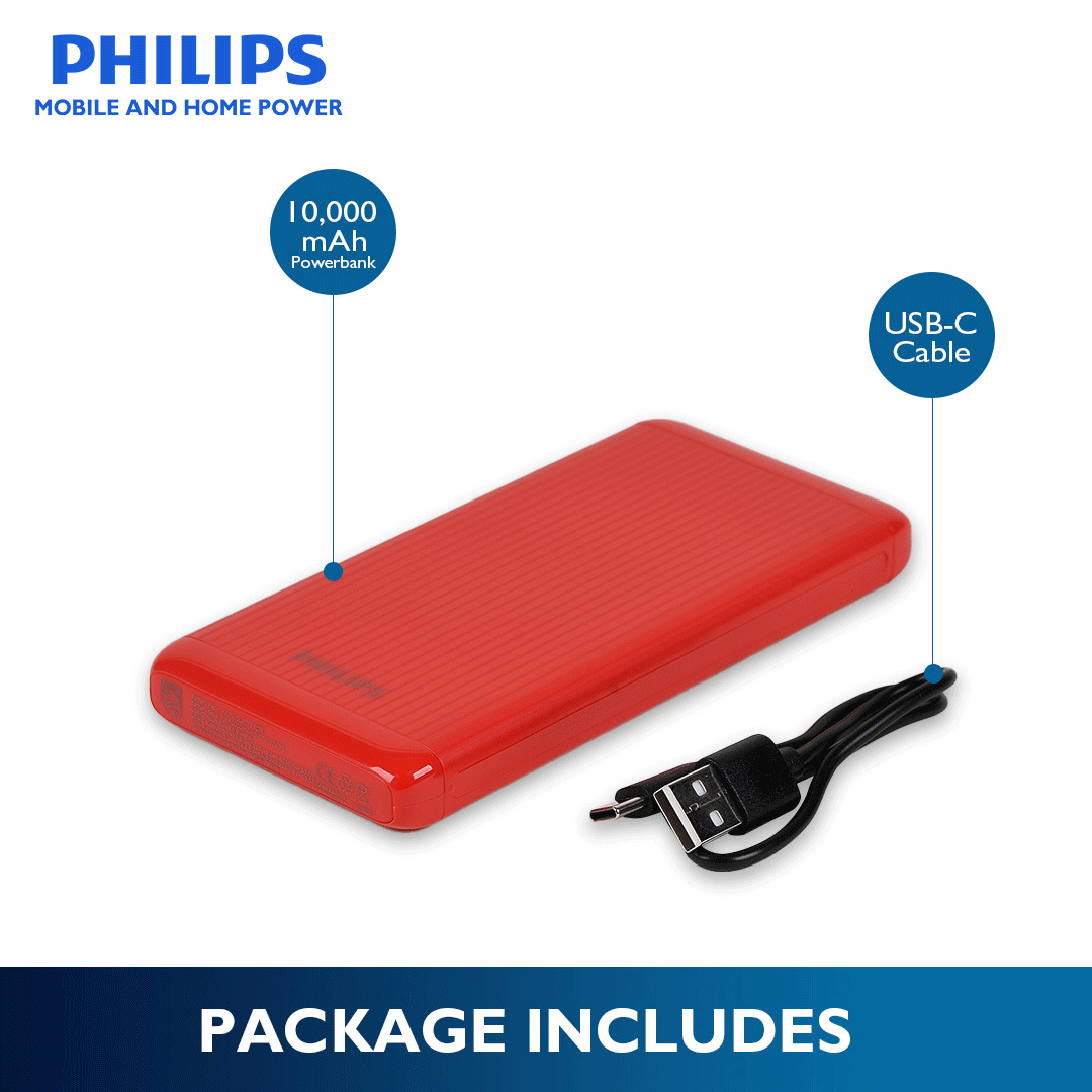 Philips Red 10000mAh 22.5 Watts USB-C Slim Fast Charging Powerbank