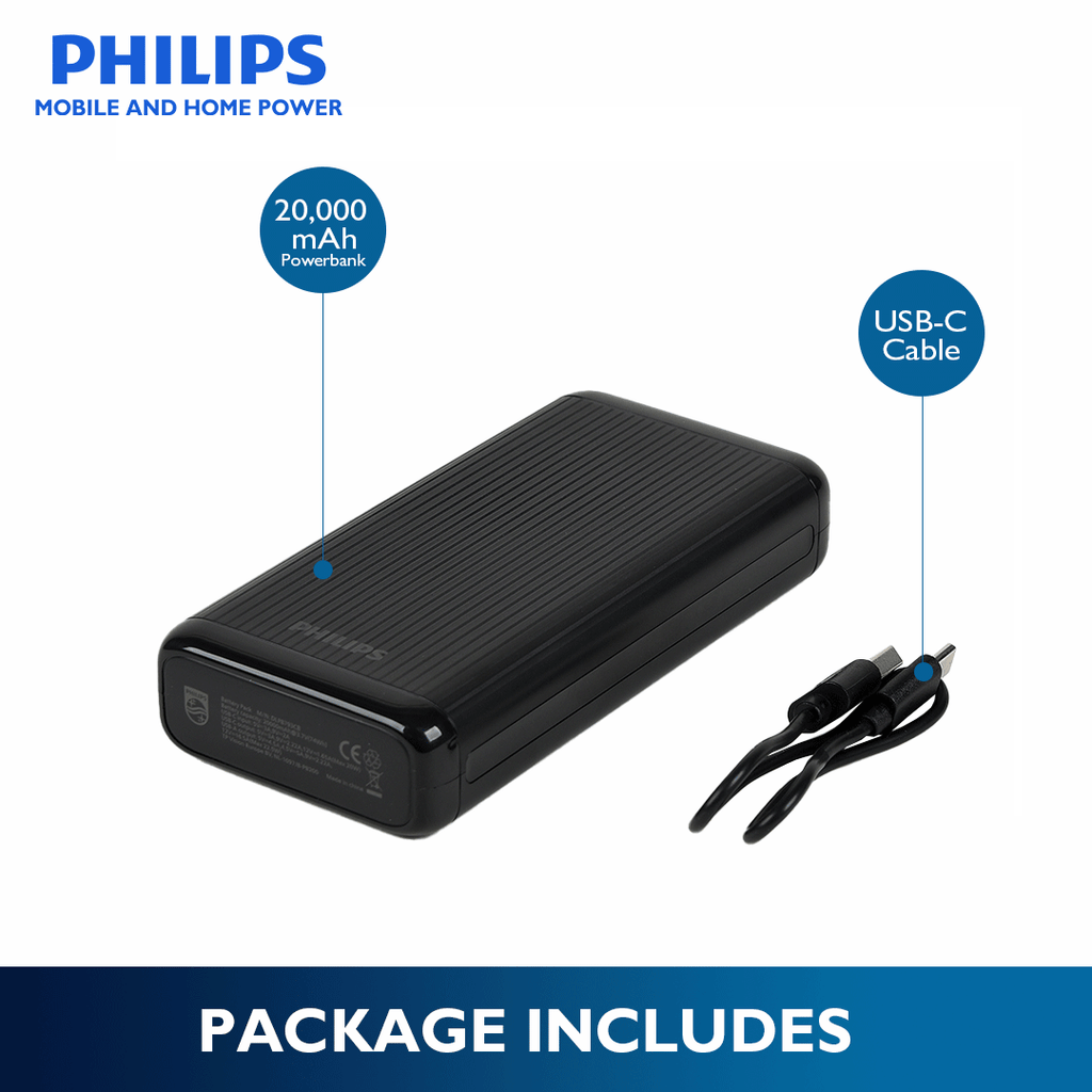Philips Black 10000mAh 22.5 Watts USB-C Slim Fast Charging Powerbank