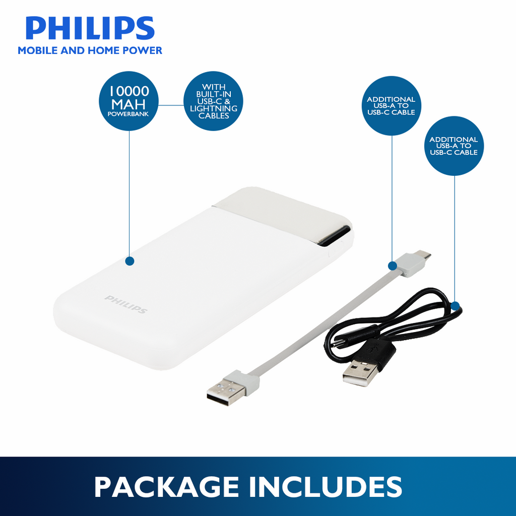 Philips White Powerbank 10000mAh 22.5W Fast Charging Built-In USB-C and Lightning Cable