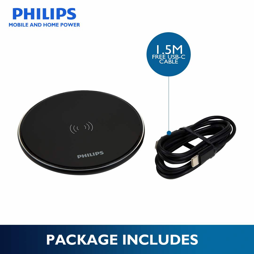 Philips 15W Fast Charging Wireless Black Charger Disc with 1.5M USB-C Cable