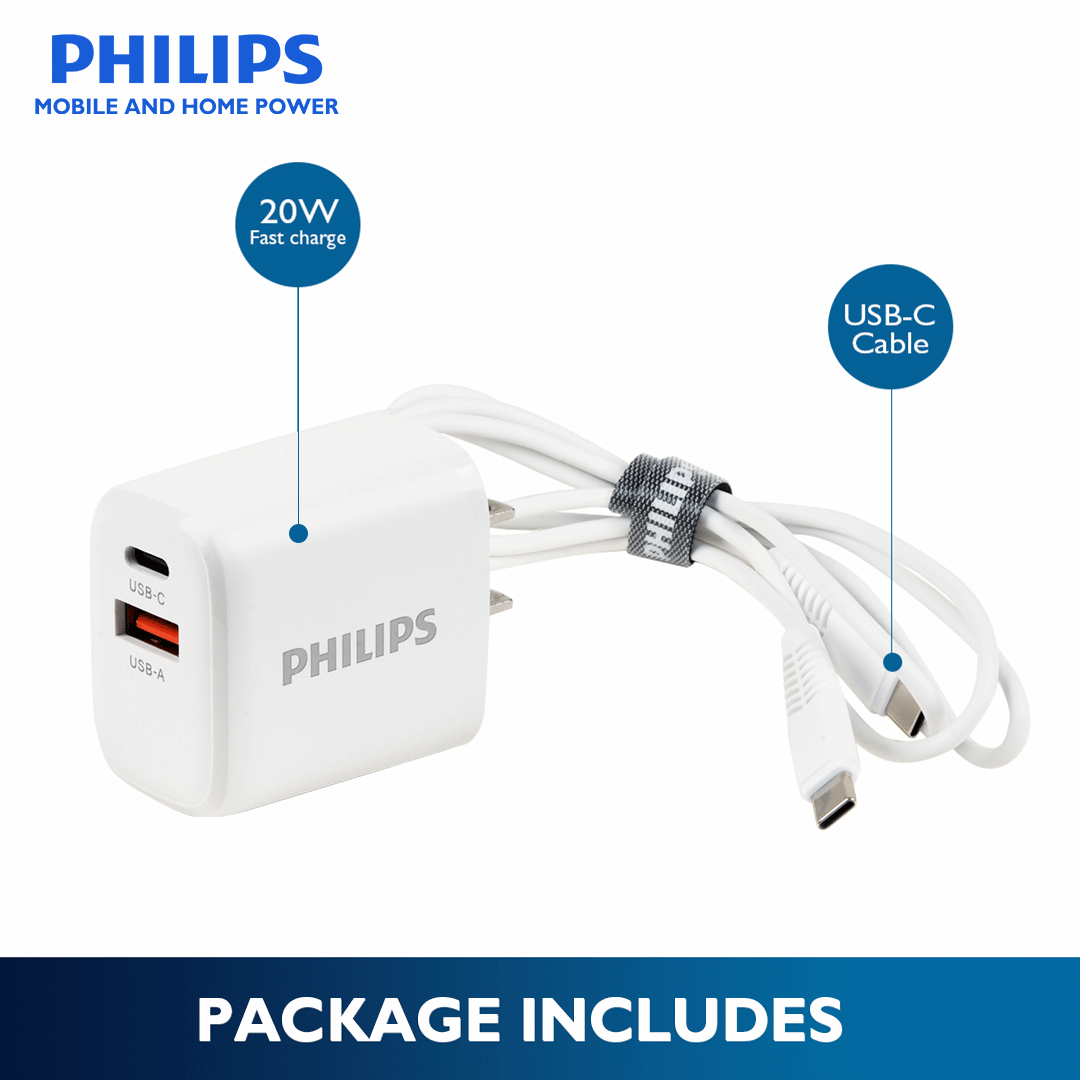 Philips 20Watts Fast Wall Charger with USB-C and USB-A Port Wall Charger with Free Cable