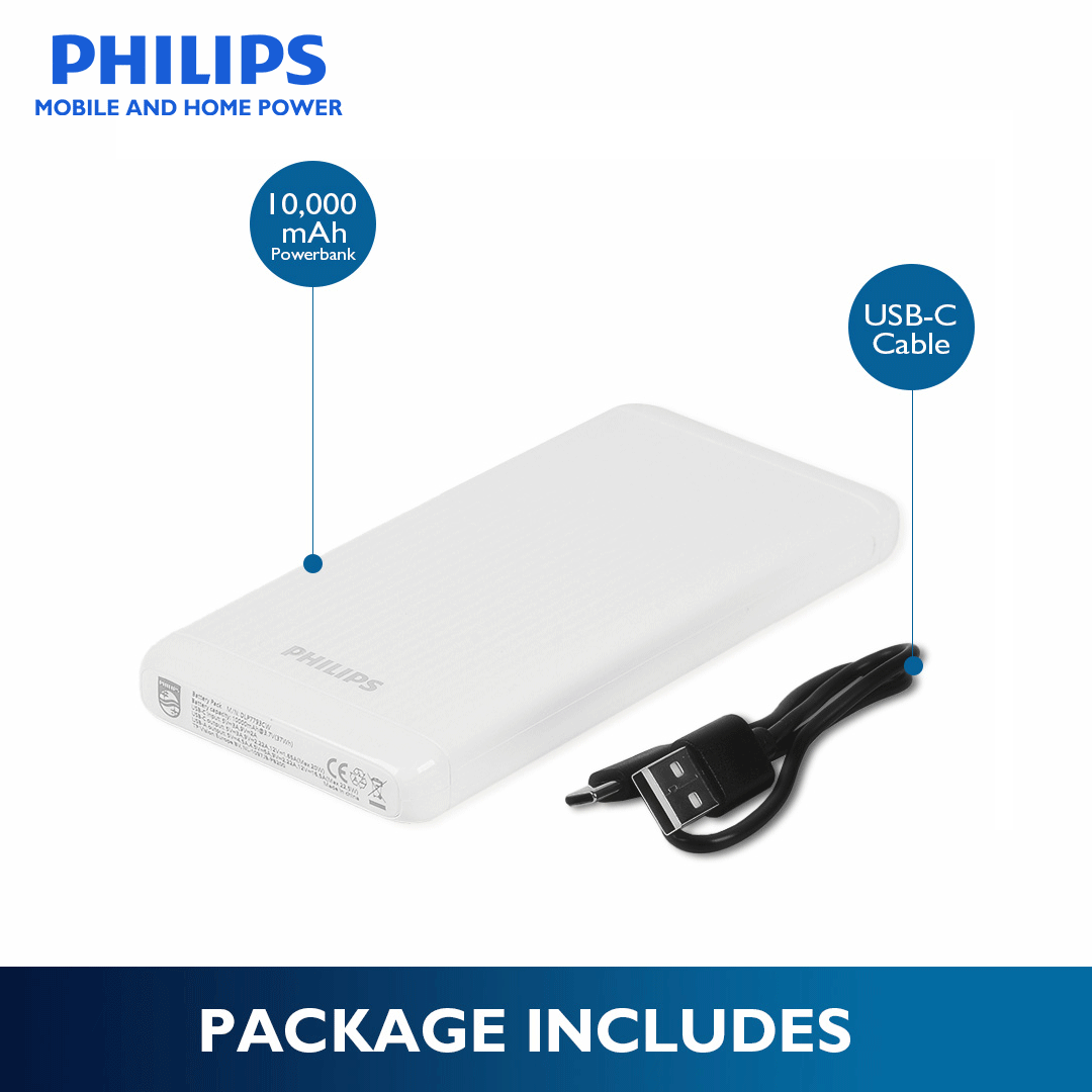 Philips White 10000mAh 22.5 Watts USB-C Slim Fast Charging Powerbank