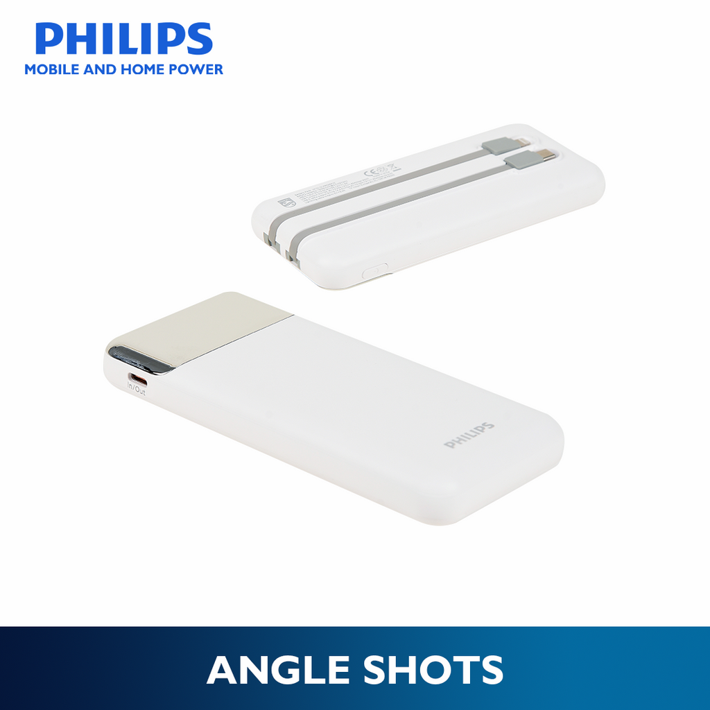 Philips White Powerbank 10000mAh 22.5W Fast Charging Built-In USB-C and Lightning Cable