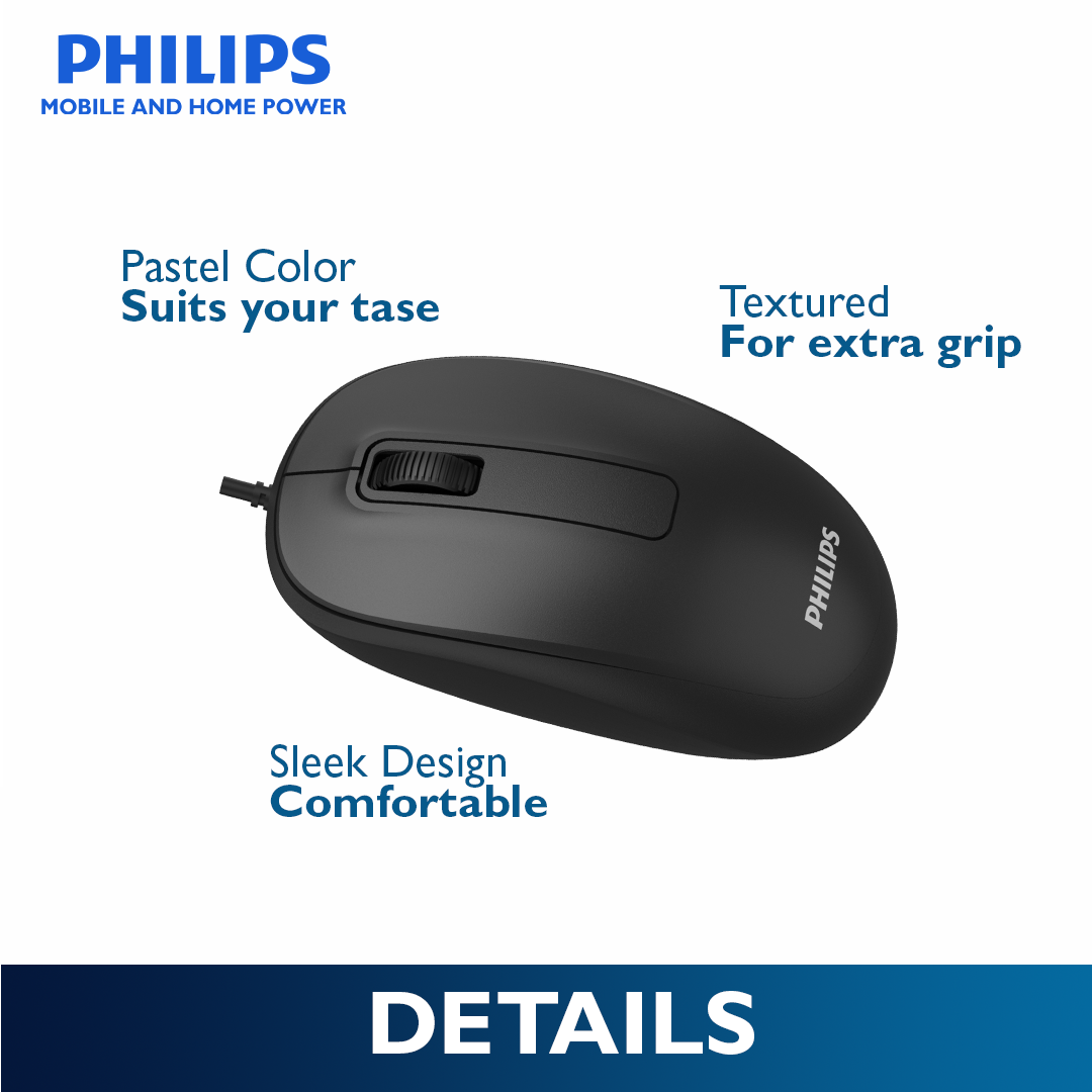 Philips Black Wired Mouse 2000 Series1200 DPI, Optical Sensor, Plug & Play USB Mice