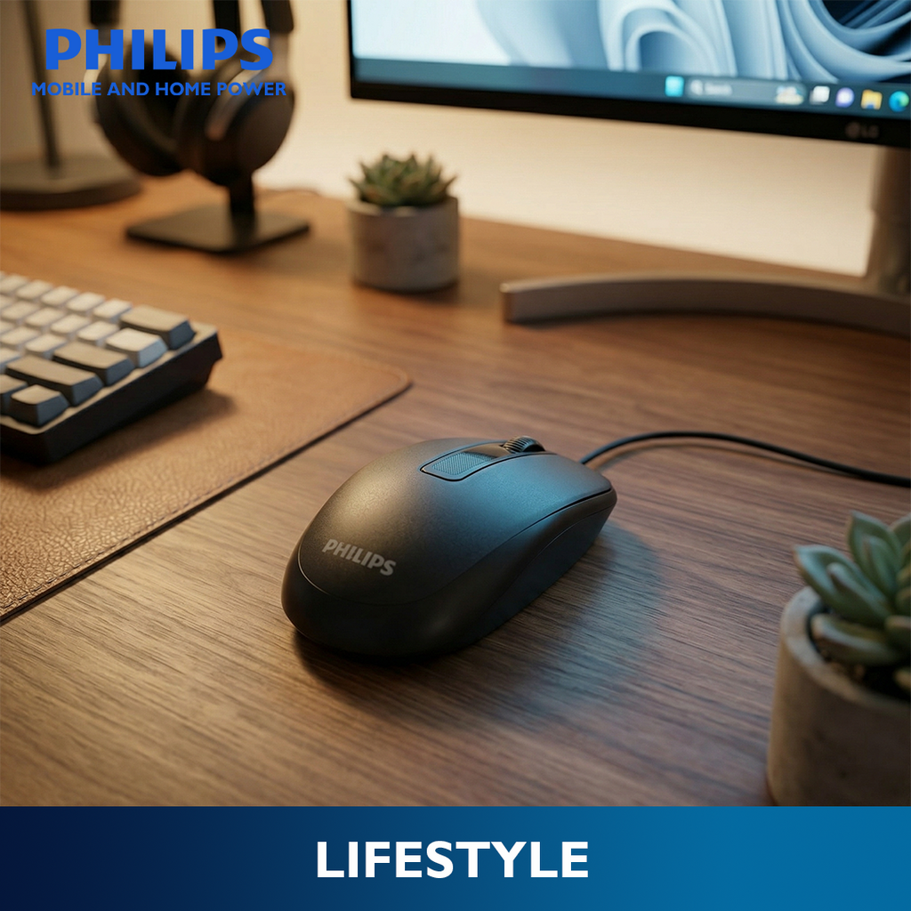 Philips Black Wired Mouse 2000 Series1200 DPI, Optical Sensor, Plug & Play USB Mice
