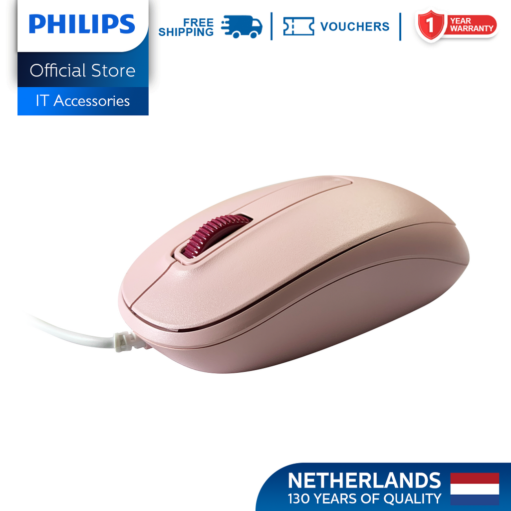 Philips Pink Wired Mouse 2000 Series1200 DPI, Optical Sensor, Plug & Play USB Mice