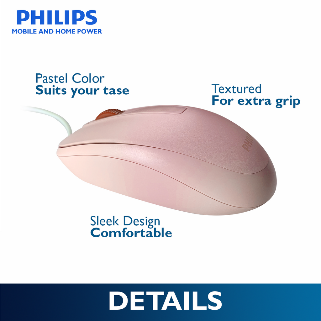 Philips Pink Wired Mouse 2000 Series1200 DPI, Optical Sensor, Plug & Play USB Mice