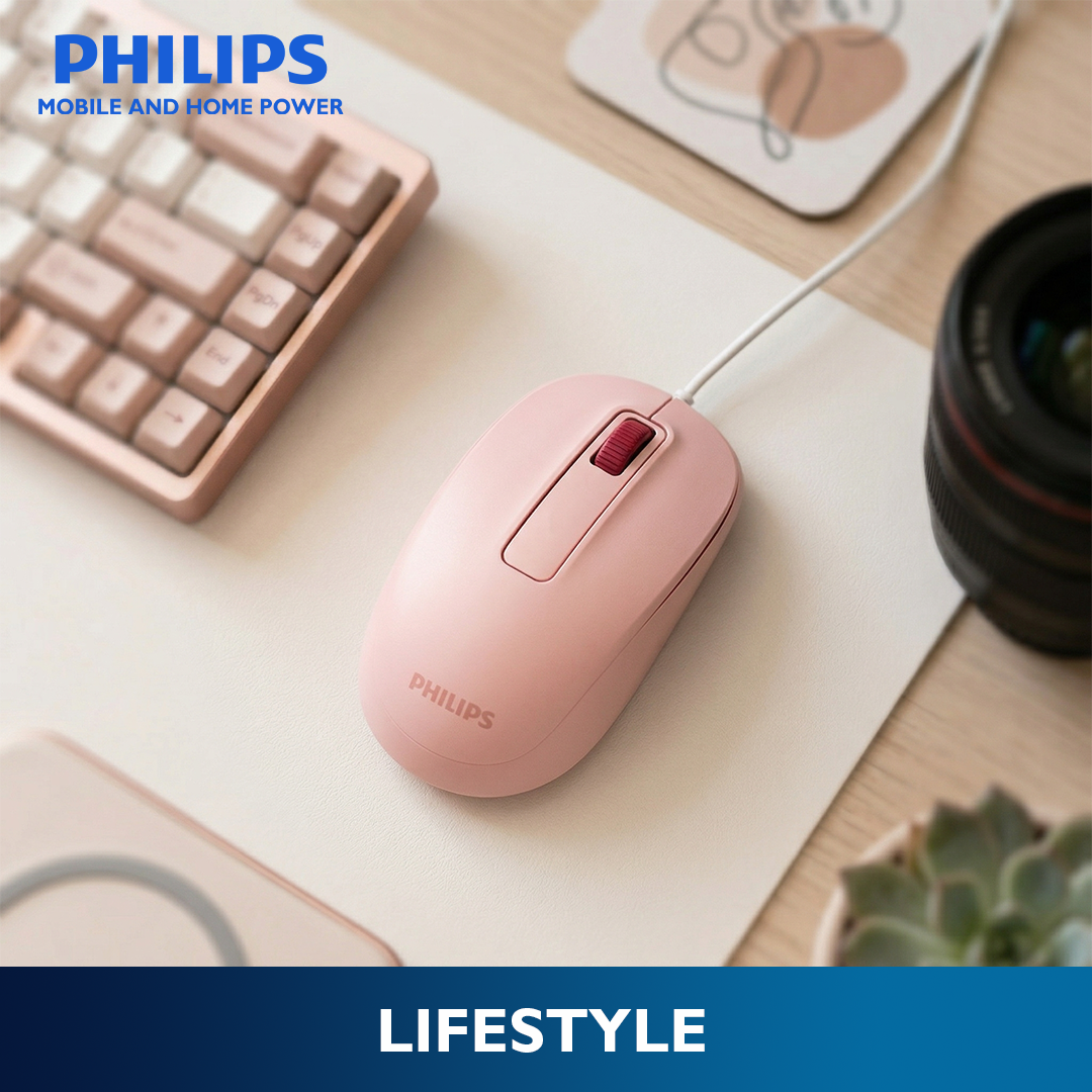 Philips Pink Wired Mouse 2000 Series1200 DPI, Optical Sensor, Plug & Play USB Mice