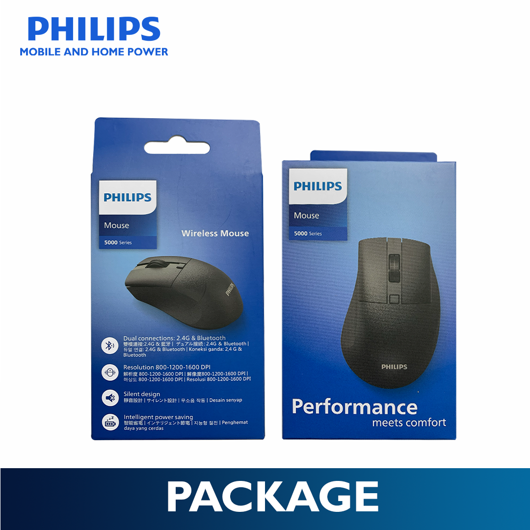 Philips Black Wireless Mouse 5000 Series Dual Mode 2.4G Bluetooth, Silent Click, 1600 DPI Ergonomic