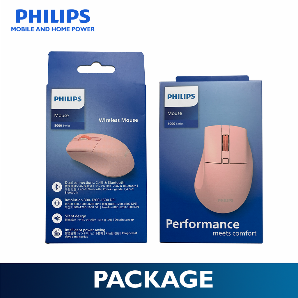 Philips Pink Wireless Mouse 5000 Series Dual Mode 2.4G Bluetooth, Silent Click, 1600 DPI Ergonomic