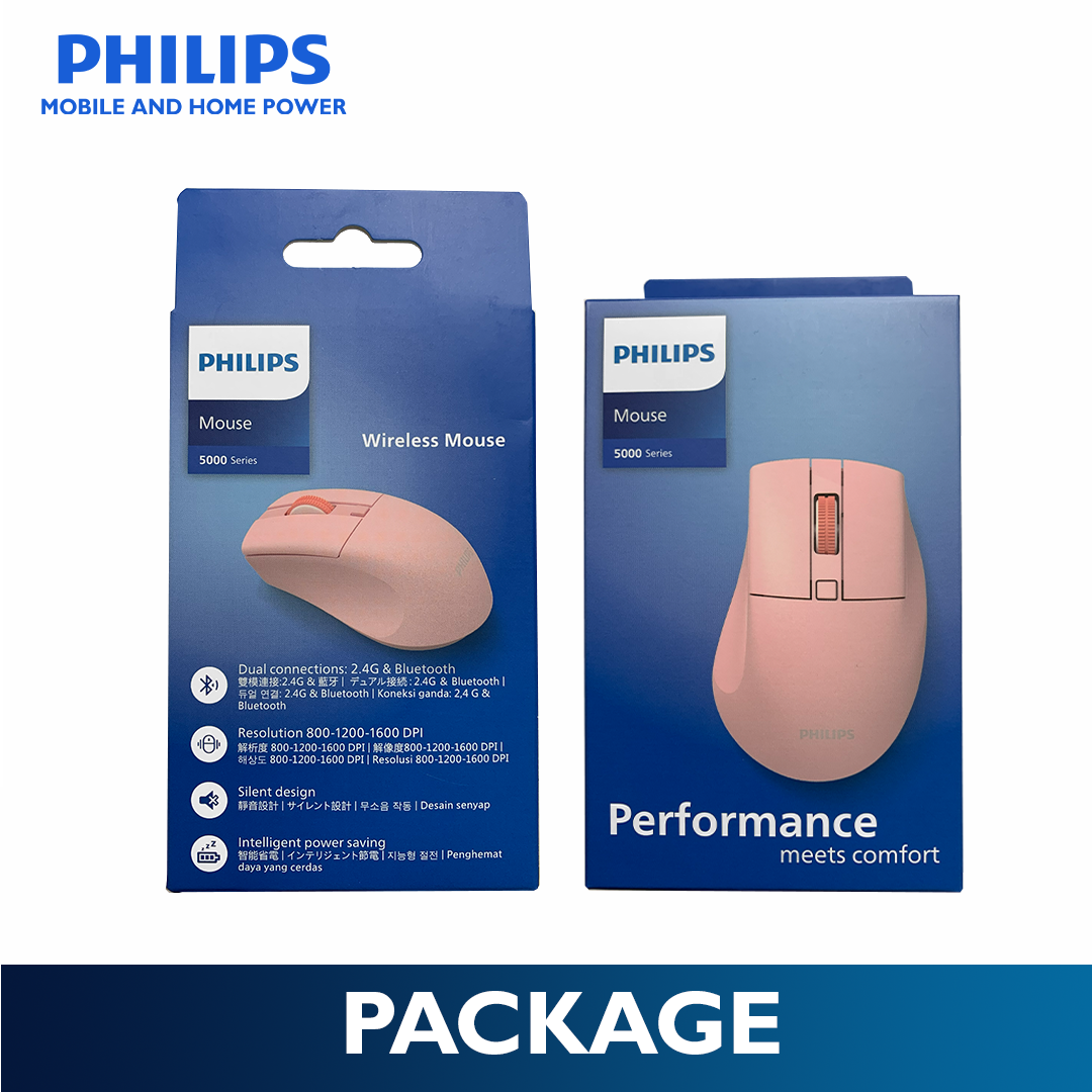 Philips Pink Wireless Mouse 5000 Series Dual Mode 2.4G Bluetooth, Silent Click, 1600 DPI Ergonomic