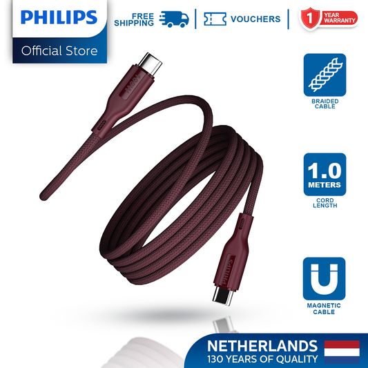 Philips Red PD 100W 1m USB-C to USB-C Magnetic Nylon Braided Cable Fast Charging Cord