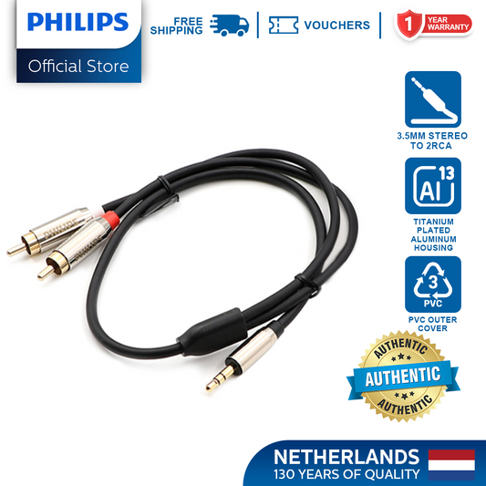 Philips Titanium Plated Aluminum Housing Audio cable 3.5mm Stereo to 2rca