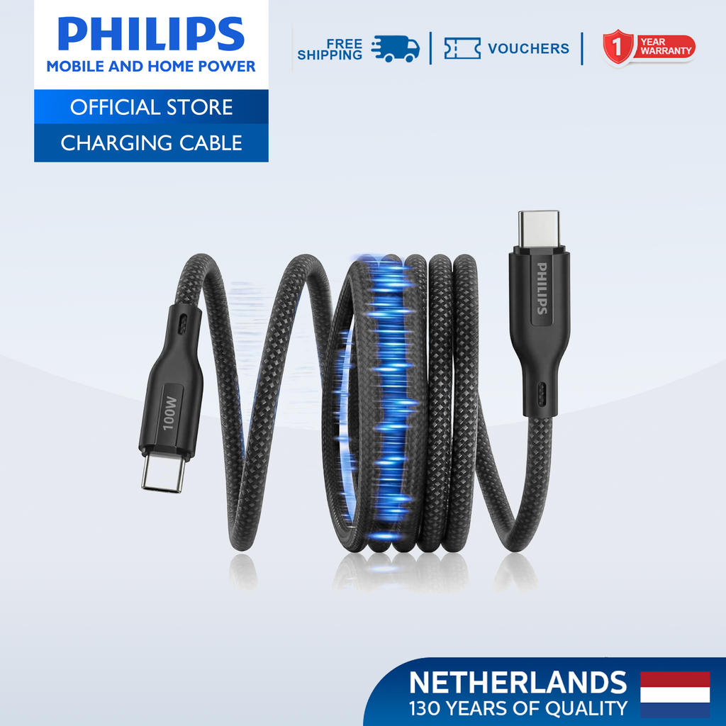 Philips Black PD 100W 1m USB-C to USB-C Magnetic Nylon Braided Cable Fast Charging Cord