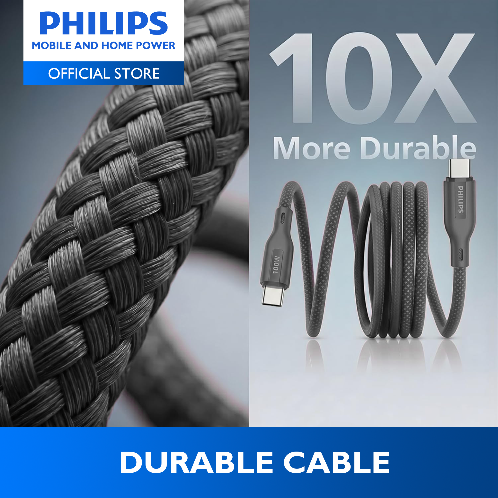 Philips Black PD 100W 1m USB-C to USB-C Magnetic Nylon Braided Cable Fast Charging Cord