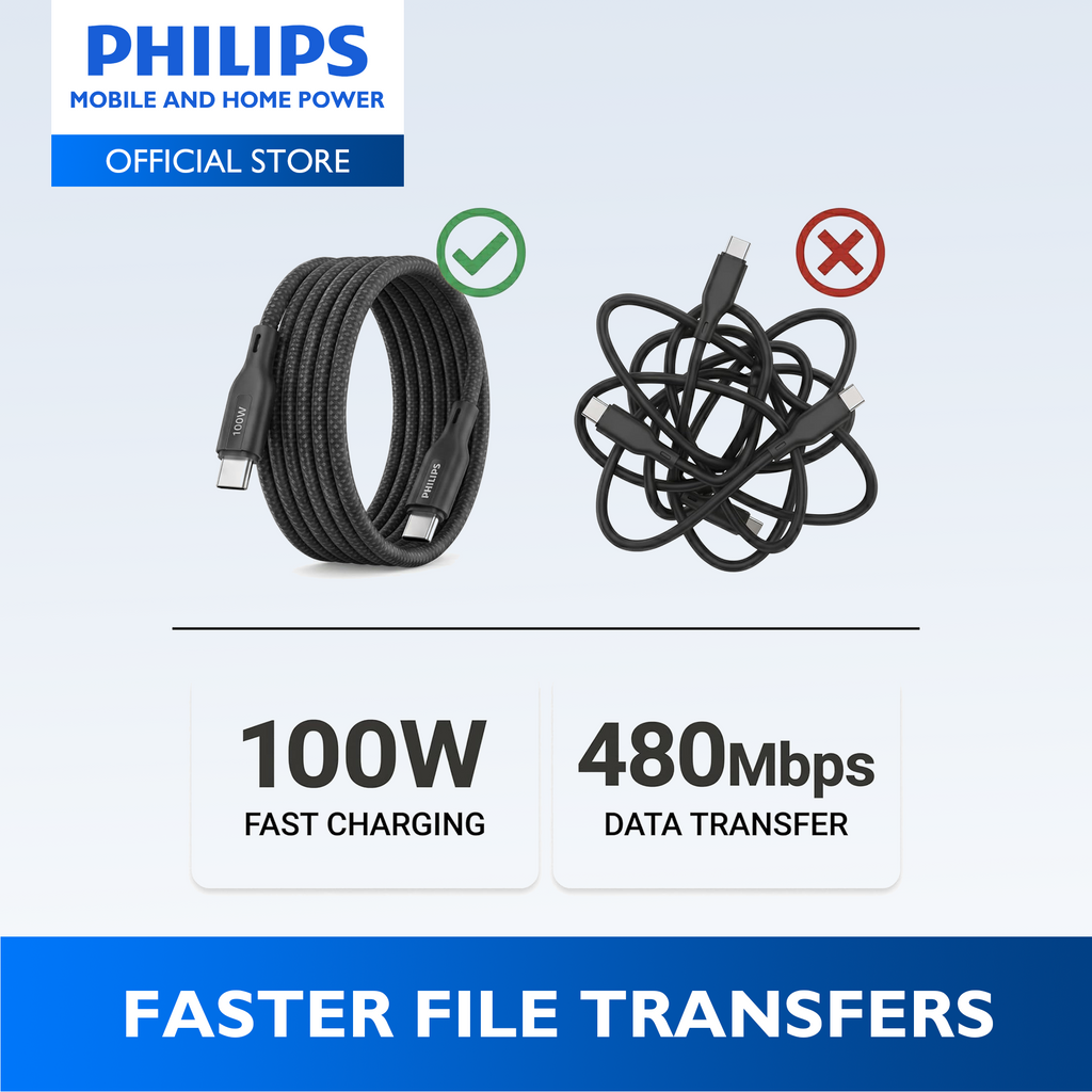 Philips Black PD 100W 1m USB-C to USB-C Magnetic Nylon Braided Cable Fast Charging Cord