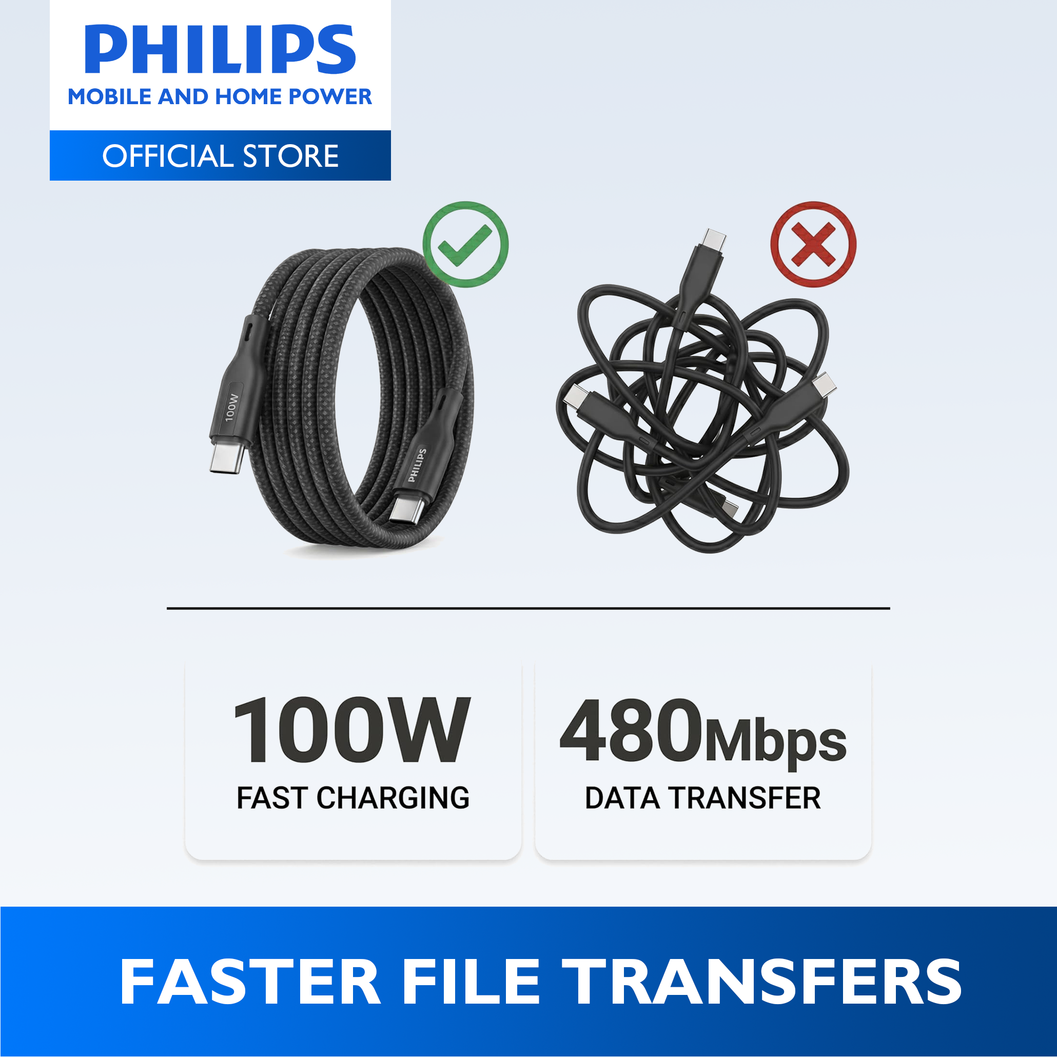 Philips Black PD 100W 1m USB-C to USB-C Magnetic Nylon Braided Cable Fast Charging Cord