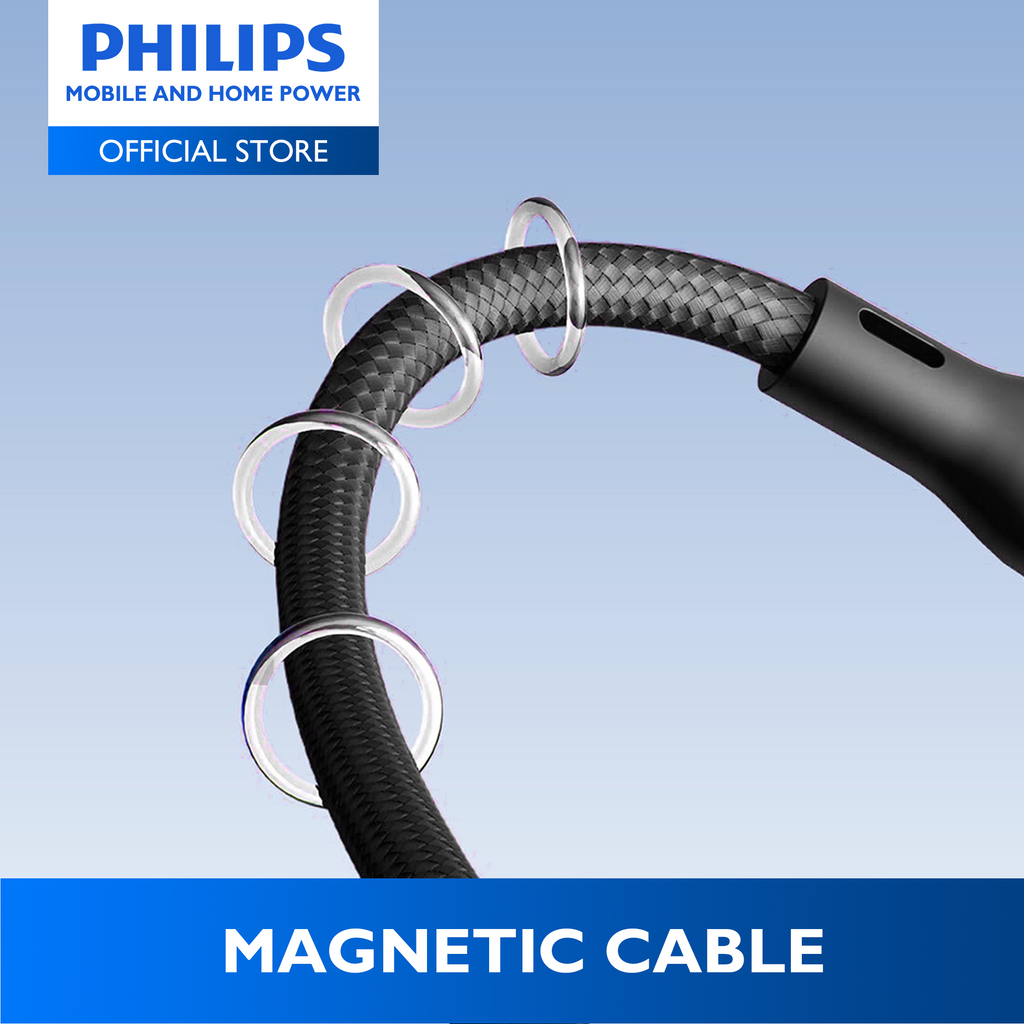 Philips Black PD 100W 1m USB-C to USB-C Magnetic Nylon Braided Cable Fast Charging Cord