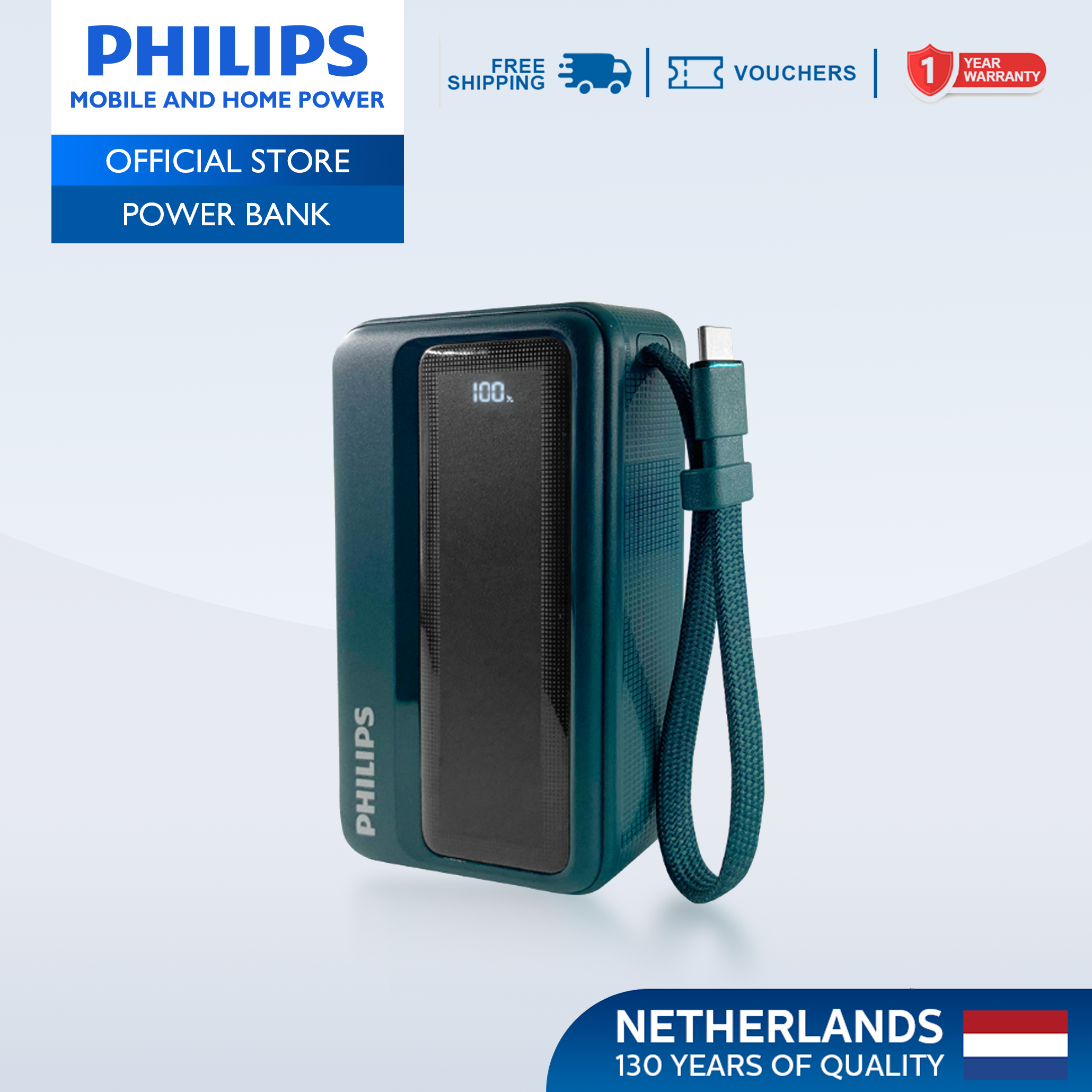 Philips Teal 20000mAh Power Bank 45W Fast Charging PD QC3.0 Fast Charging Built-in USB-C