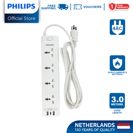 Philips 4 Universal Power Outlet with Integrated USB/USB-C Charging Port 3 Meters Extension