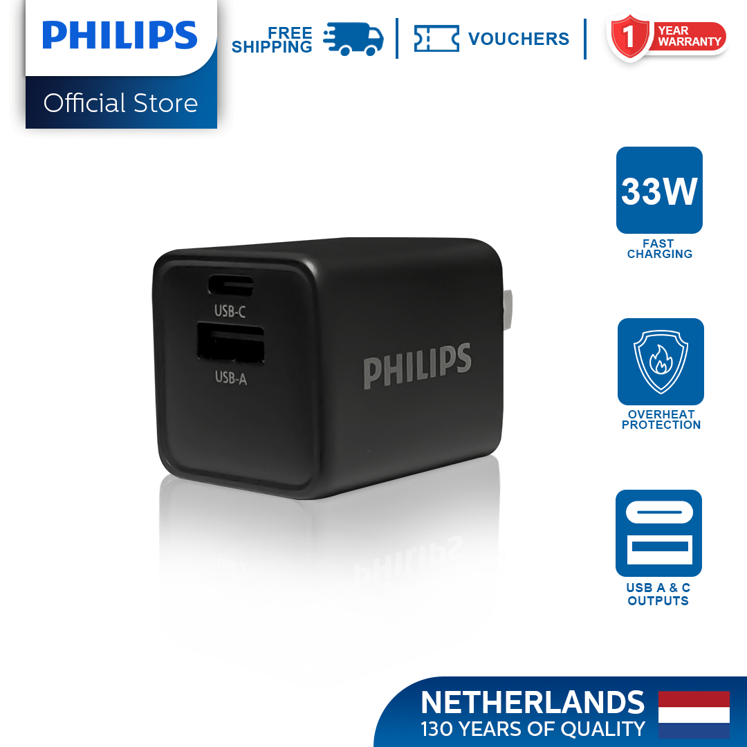Philips 33W Compact Dual-Port Black Charger Black with Foldable Pins