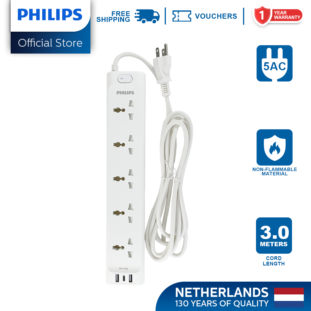 Philips 5 Universal Power Outlet with Integrated USB/USB-C Charging Port 3 Meters Extension