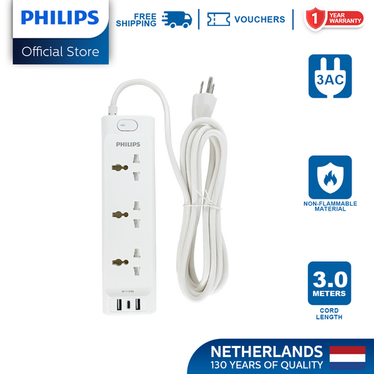 Philips 3 Universal Power Outlet with Integrated USB/USB-C Charging Port 3 Meter Extension