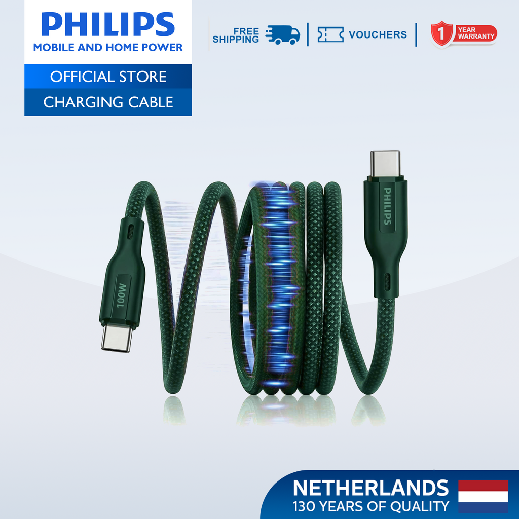 Philips Teal PD 100W 1m USB-C to USB-C Magnetic Nylon Braided Cable Fast Charging Cord