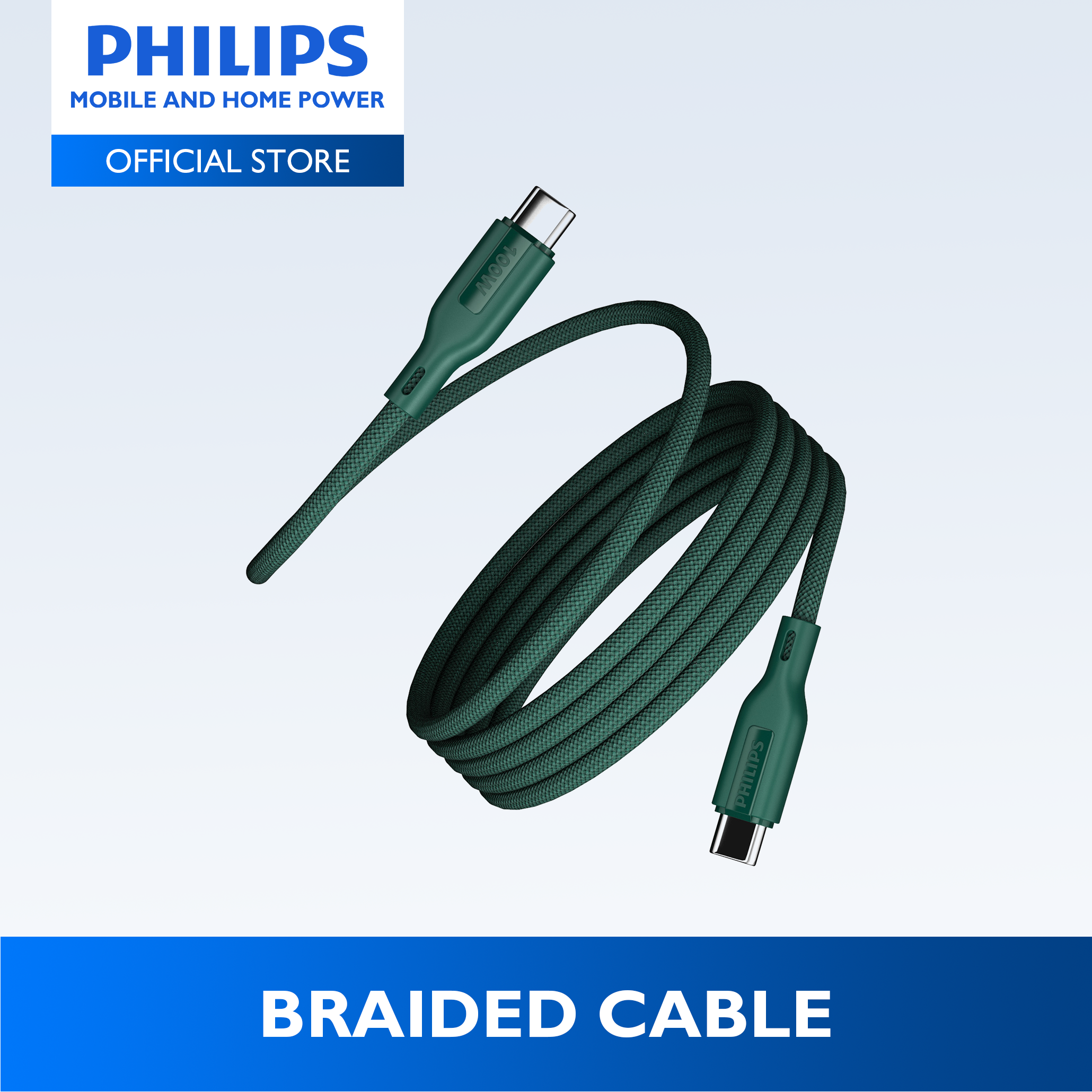 Philips Teal PD 100W 1m USB-C to USB-C Magnetic Nylon Braided Cable Fast Charging Cord