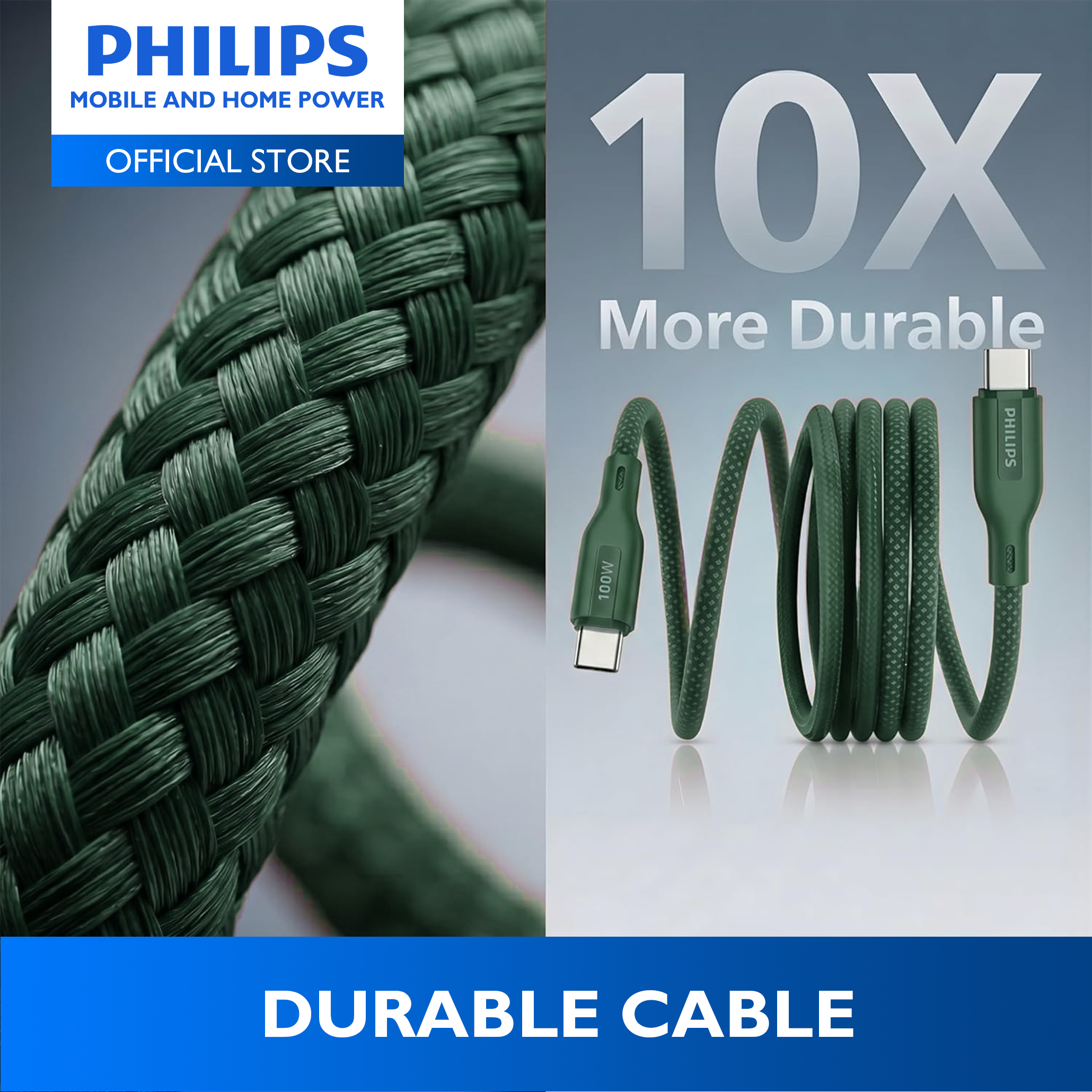 Philips Teal PD 100W 1m USB-C to USB-C Magnetic Nylon Braided Cable Fast Charging Cord