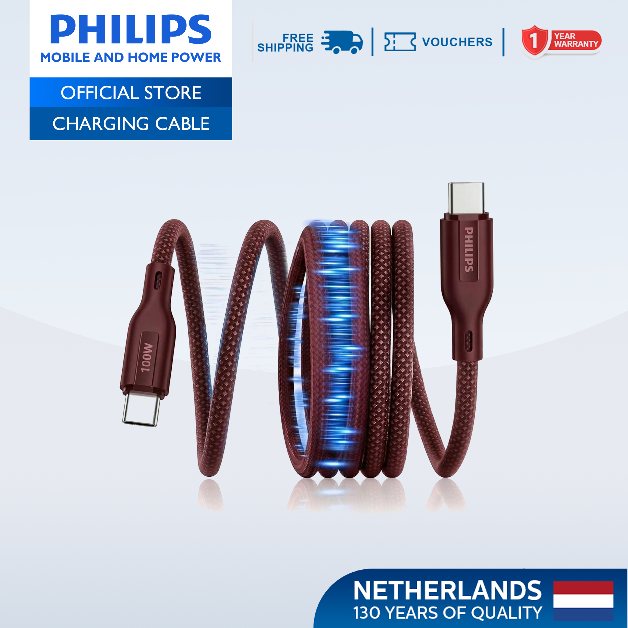 Philips Red PD 100W 1m USB-C to USB-C Magnetic Nylon Braided Cable Fast Charging Cord