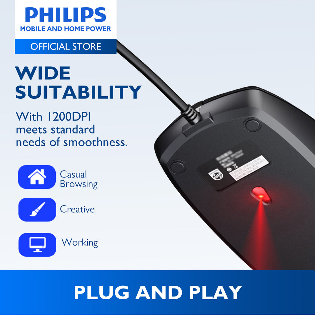 Philips Wired Mouse 2000 Series 1200 DPI, Optical Sensor, Plug & Play Office & Home Use