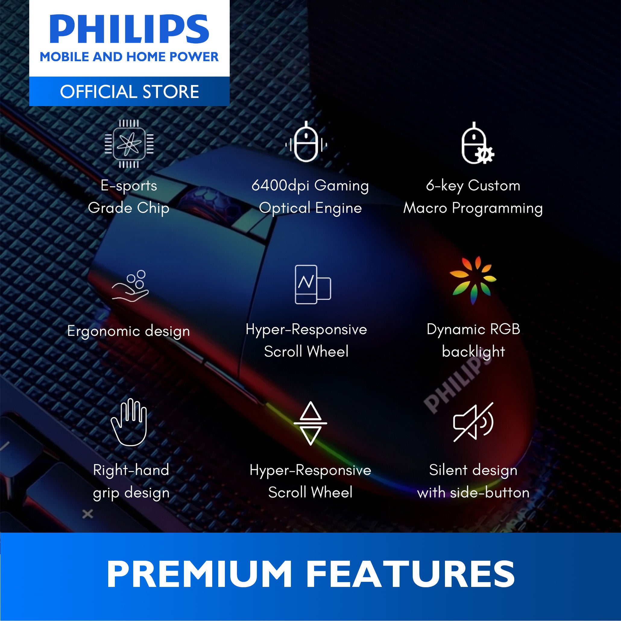 Philips Wired Gaming Mouse Momentum 3000 6400 DPI, RGB Backlight 6 Buttons