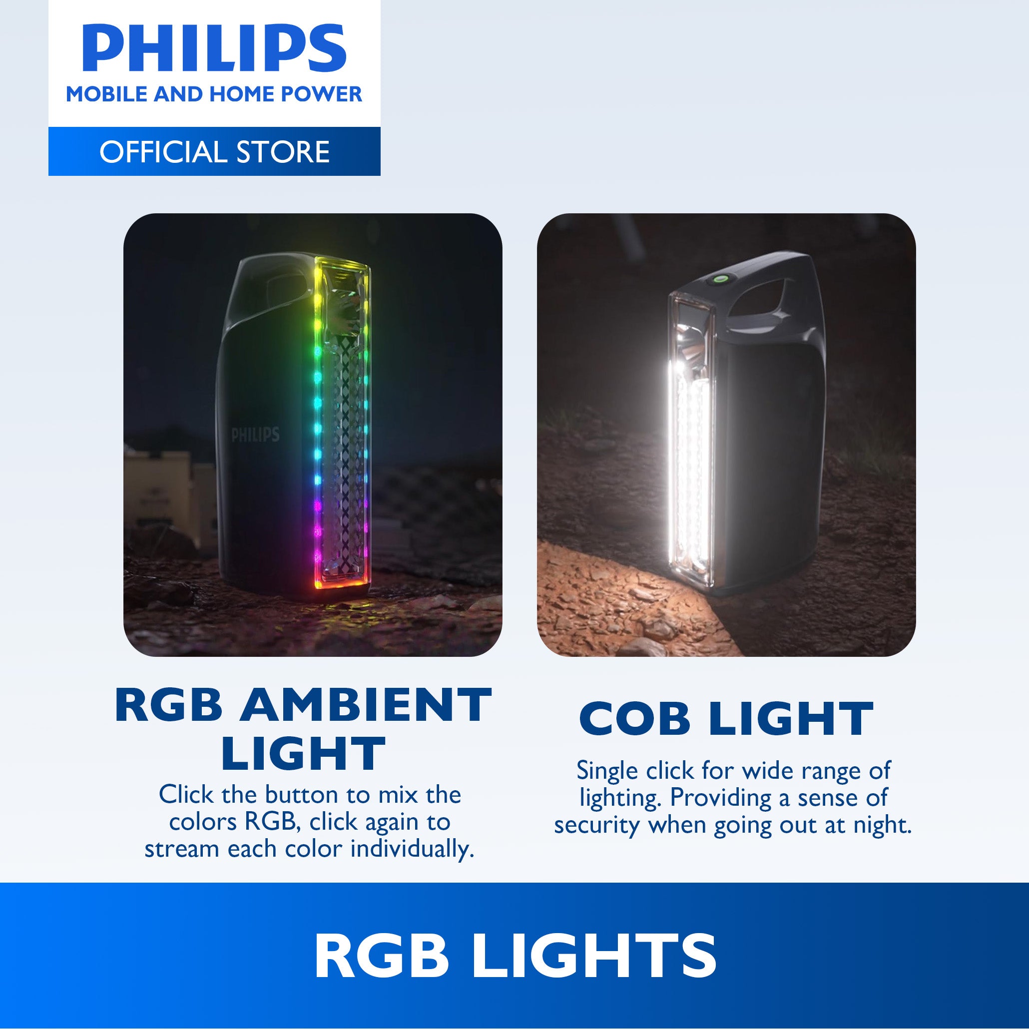 Philips Rechargeable Portable Flashlight Multiple Modes Up to 300mins Light with RGB High Lumen 10W 4000mAh 5-20hrs Camping Flashlight Emergency Light