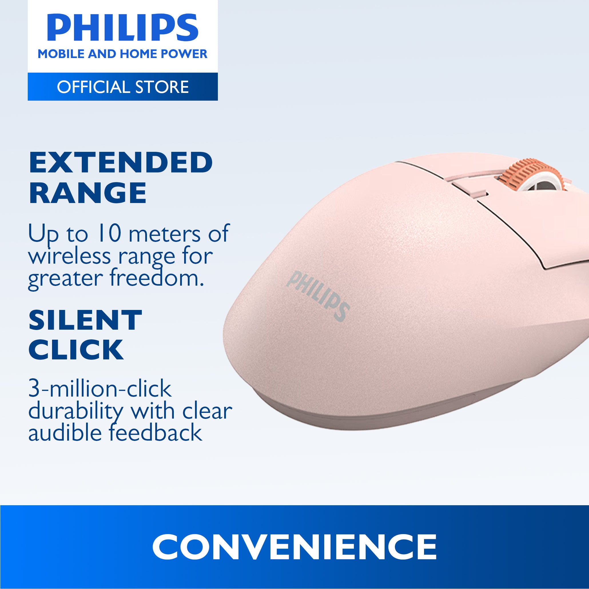 Philips Pink Wireless Mouse 5000 Series Dual Mode 2.4G Bluetooth, Silent Click, 1600 DPI Ergonomic