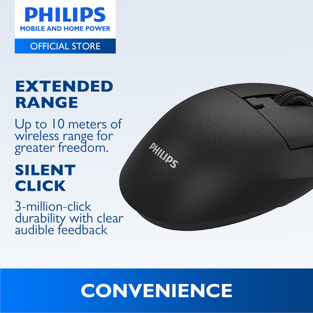Philips Black Wireless Mouse 5000 Series Dual Mode 2.4G Bluetooth, Silent Click, 1600 DPI Ergonomic