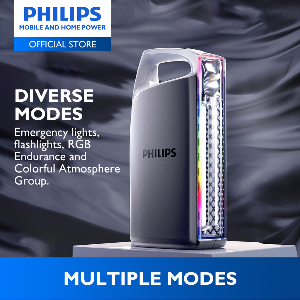 Philips Rechargeable Portable Flashlight Multiple Modes Up to 300mins Light with RGB High Lumen 10W 4000mAh 5-20hrs Camping Flashlight Emergency Light