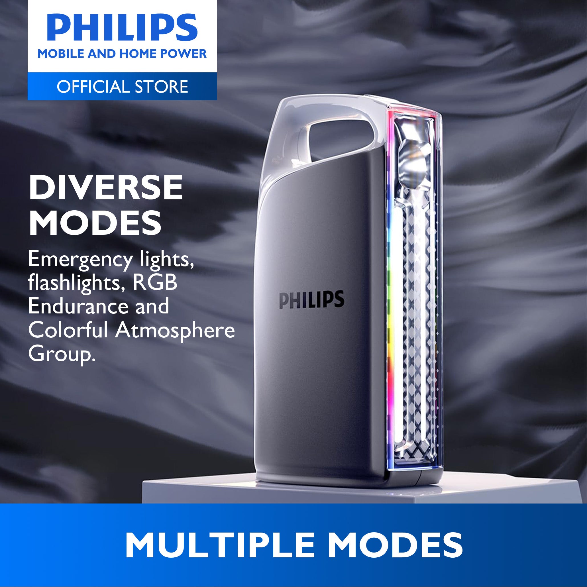 Philips Rechargeable Portable Flashlight Multiple Modes Up to 300mins Light with RGB High Lumen 10W 4000mAh 5-20hrs Camping Flashlight Emergency Light