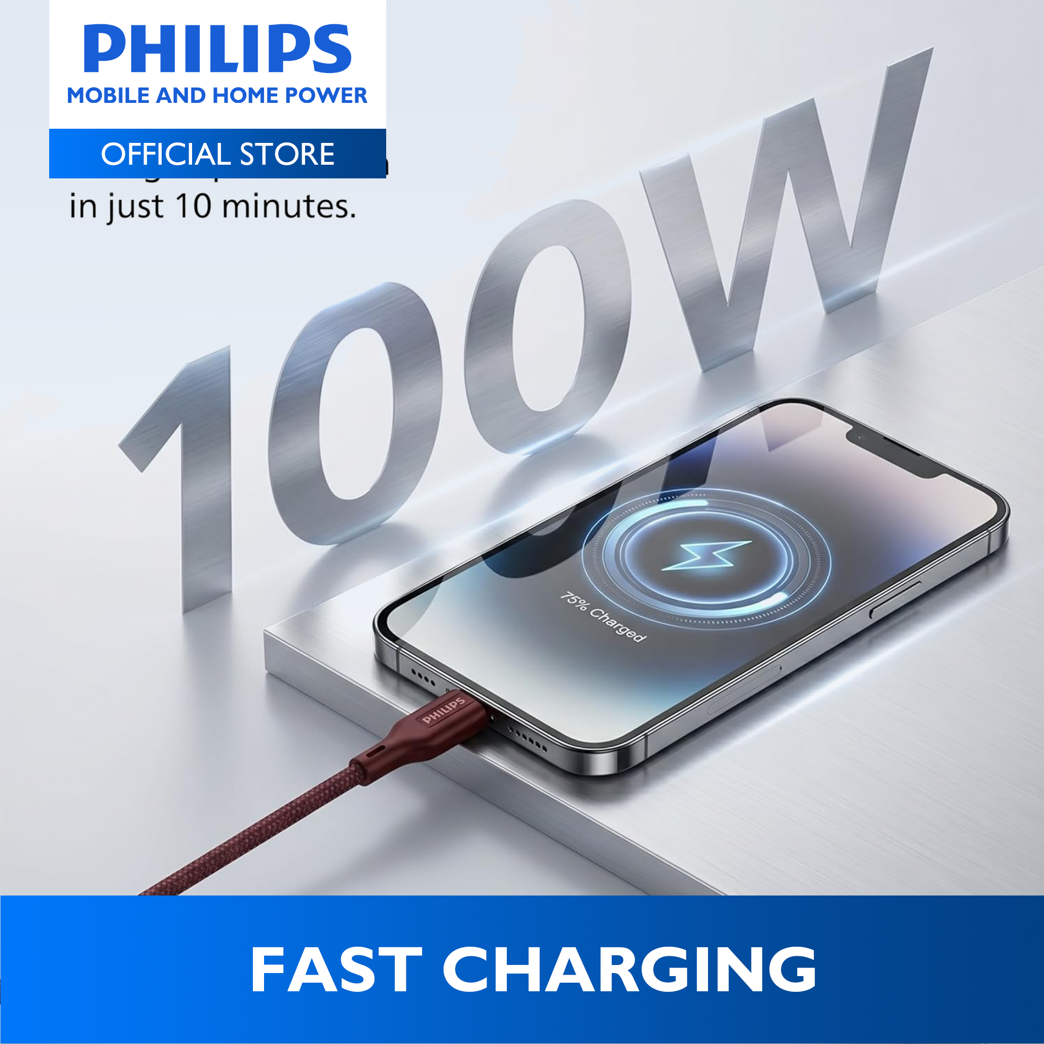 Philips Red PD 100W 1m USB-C to USB-C Magnetic Nylon Braided Cable Fast Charging Cord