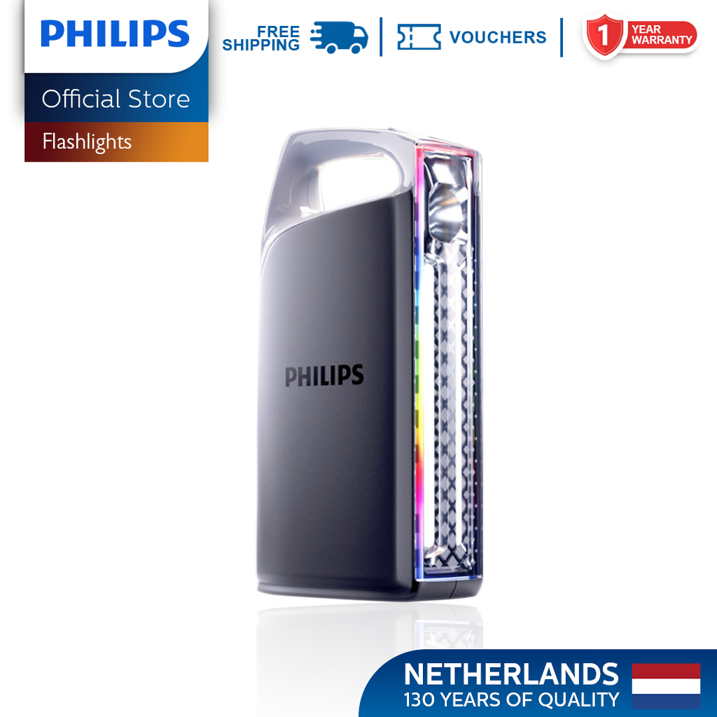 Philips Rechargeable Portable Flashlight Multiple Modes Up to 300mins Light with RGB High Lumen 10W 4000mAh 5-20hrs Camping Flashlight Emergency Light